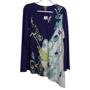 Chicos Easy Wear Asymmetrical Mod Alert Sierra Long Sleeve V Neck Top Size  XL